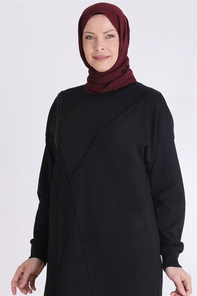 Behrem Asimetrik Kesim Taş Süslemeli Tunik Siyah OTW20128