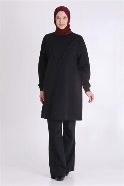 Behrem Asimetrik Kesim Taş Süslemeli Tunik Siyah OTW20128