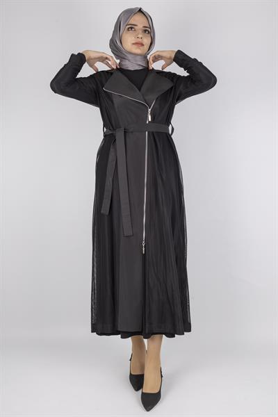 Asimetrik Sandy Kumaş Elbise Ve File Kap İkili Takım Siyah OTW25627