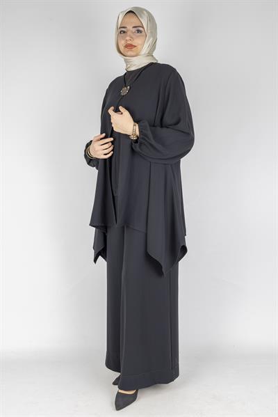 Asimetrik Şifon Büyük Beden Takım Siyah OTW3902