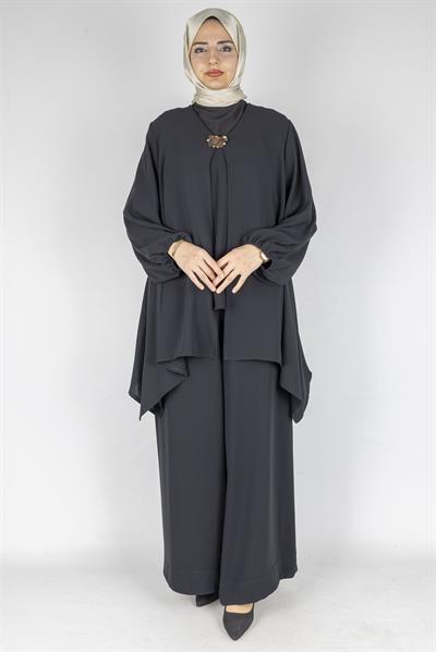 Asimetrik Şifon Büyük Beden Takım Siyah OTW3902