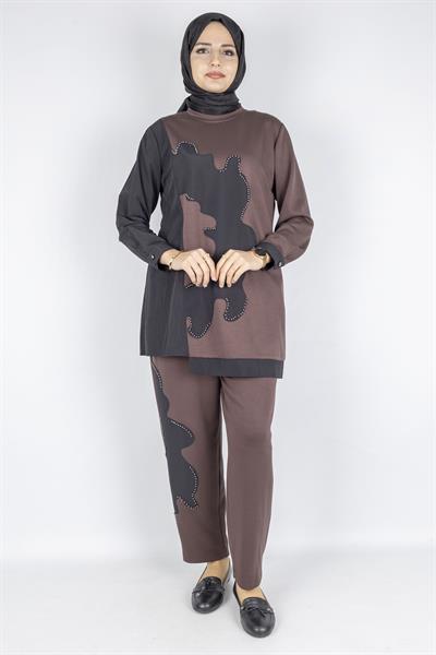 Asimetrik Taş Detaylı İkili Takım Kahve OTW1070