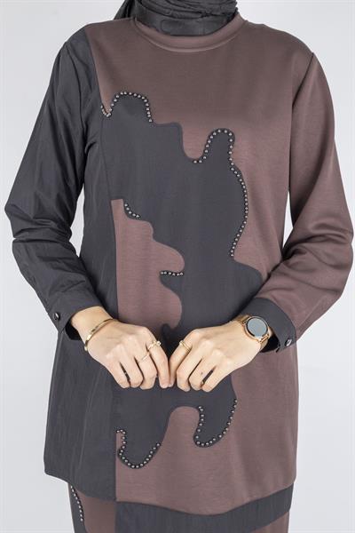 Asimetrik Taş Detaylı İkili Takım Kahve OTW1070