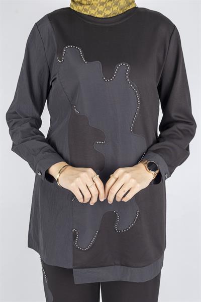 Asimetrik Taş Detaylı İkili Takım Siyah OTW1070