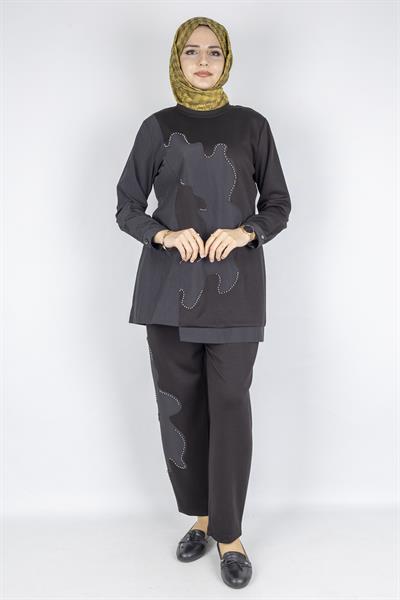 Asimetrik Taş Detaylı İkili Takım Siyah OTW1070