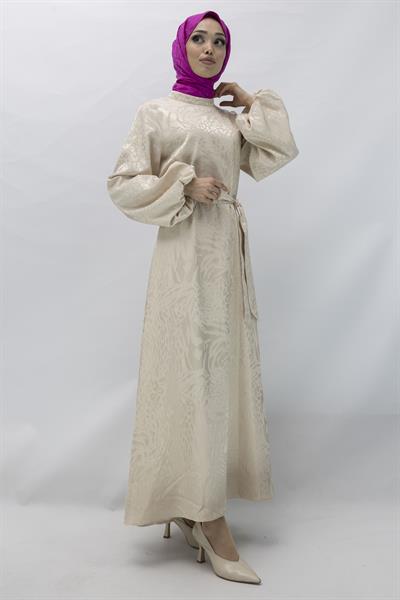 Astarlı Balon Kol Jakar Elbise Bej OTW13145