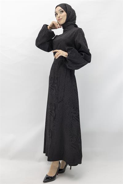 Astarlı Balon Kol Jakar Elbise Siyah OTW13145