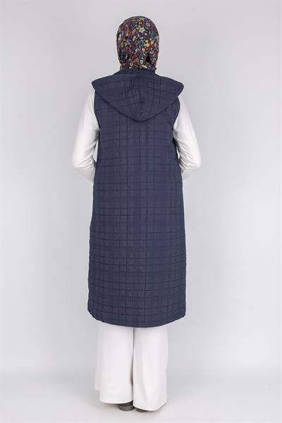 Ayarlanabilir İpli Kapüşonlu Dik Yaka Kapitone Yelek Lacivert OTW4029