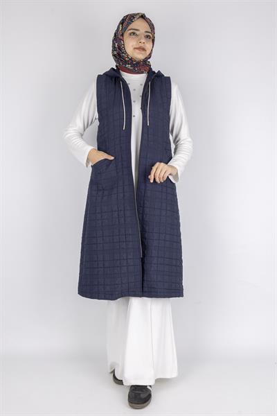 Ayarlanabilir İpli Kapüşonlu Dik Yaka Kapitone Yelek Lacivert OTW4029