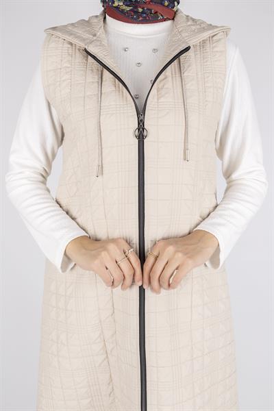 Ayarlanabilir İpli Kapüşonlu Dik Yaka Kapitone Yelek Taş OTW4029