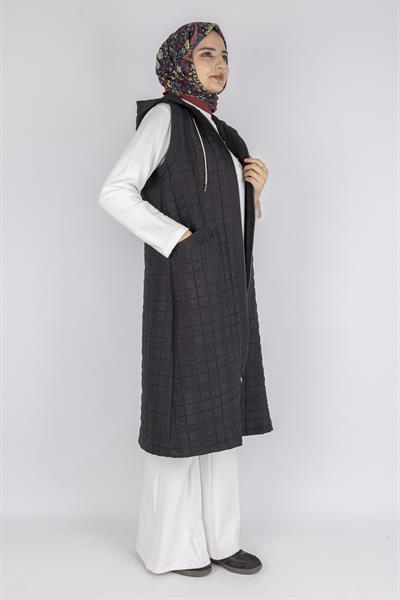 Ayarlanabilir İpli Kapüşonlu Dik Yaka Kapitone Yelek Siyah OTW4029