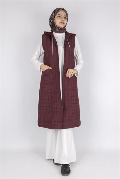 Ayarlanabilir İpli Kapüşonlu Dik Yaka Kapitone Yelek Bordo OTW4029