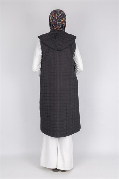 Ayarlanabilir İpli Kapüşonlu Dik Yaka Kapitone Yelek Siyah OTW4029