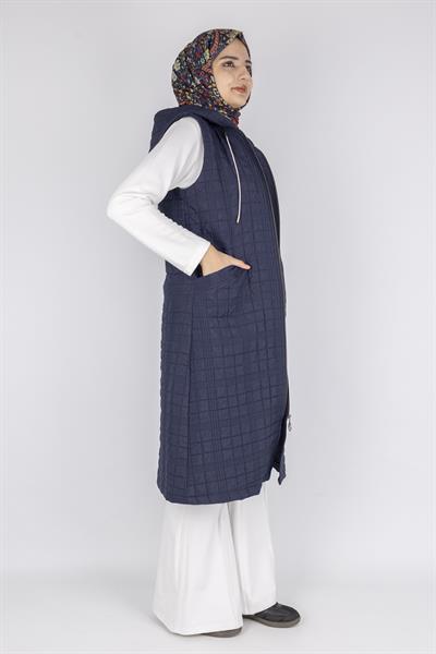Ayarlanabilir İpli Kapüşonlu Dik Yaka Kapitone Yelek Lacivert OTW4029