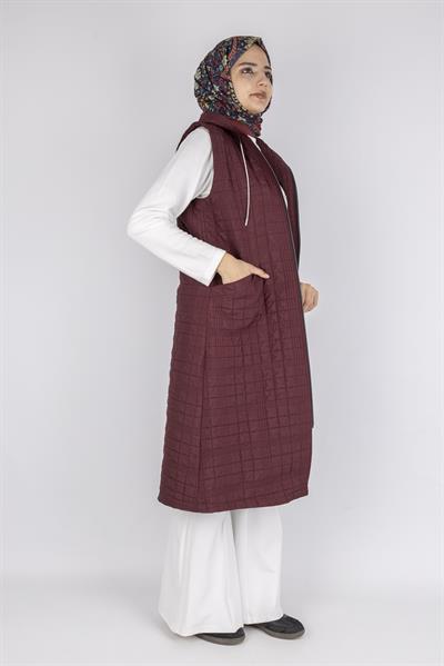 Ayarlanabilir İpli Kapüşonlu Dik Yaka Kapitone Yelek Bordo OTW4029