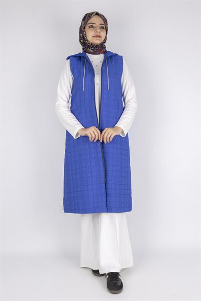 Ayarlanabilir İpli Kapüşonlu Dik Yaka Kapitone Yelek Saks OTW4029