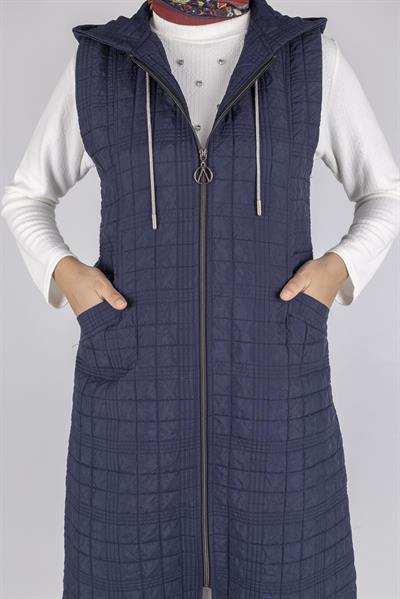 Ayarlanabilir İpli Kapüşonlu Dik Yaka Kapitone Yelek Lacivert OTW4029