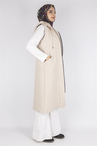 Ayarlanabilir İpli Kapüşonlu Dik Yaka Kapitone Yelek Taş OTW4029