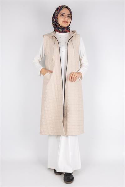 Ayarlanabilir İpli Kapüşonlu Dik Yaka Kapitone Yelek Taş OTW4029