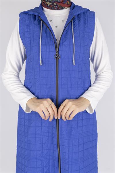 Ayarlanabilir İpli Kapüşonlu Dik Yaka Kapitone Yelek Saks OTW4029