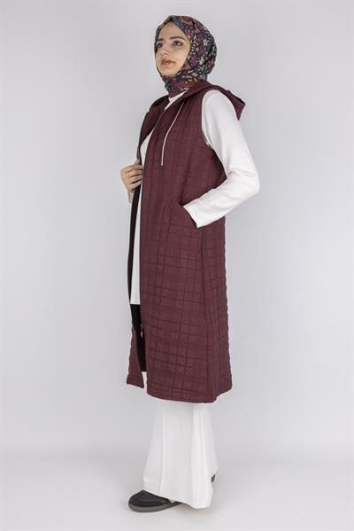 Ayarlanabilir İpli Kapüşonlu Dik Yaka Kapitone Yelek Bordo OTW4029