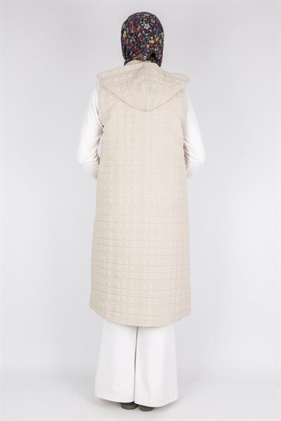 Ayarlanabilir İpli Kapüşonlu Dik Yaka Kapitone Yelek Taş OTW4029