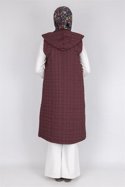 Ayarlanabilir İpli Kapüşonlu Dik Yaka Kapitone Yelek Bordo OTW4029