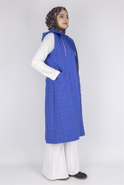 Ayarlanabilir İpli Kapüşonlu Dik Yaka Kapitone Yelek Saks OTW4029