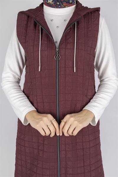 Ayarlanabilir İpli Kapüşonlu Dik Yaka Kapitone Yelek Bordo OTW4029