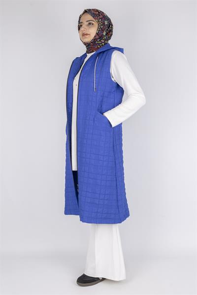 Ayarlanabilir İpli Kapüşonlu Dik Yaka Kapitone Yelek Saks OTW4029