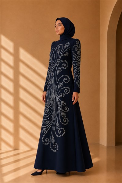Balık Form Spiral Taşlı Uzun Abiye Lacivert OTW3149