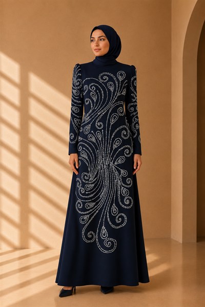 Balık Form Spiral Taşlı Uzun Abiye Lacivert OTW3149