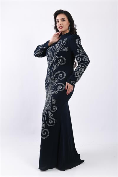 Balık Form Spiral Taşlı Uzun Abiye Lacivert OTW3149