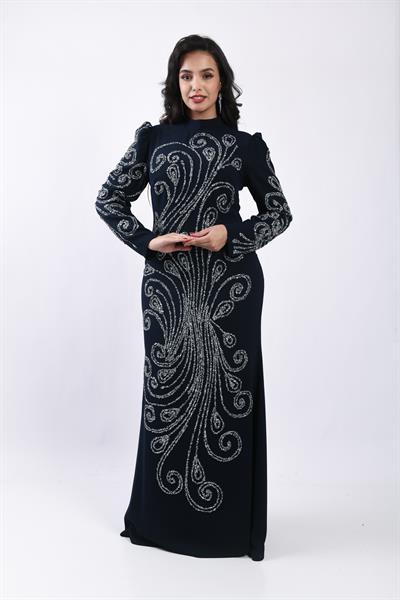Balık Form Spiral Taşlı Uzun Abiye Lacivert OTW3149