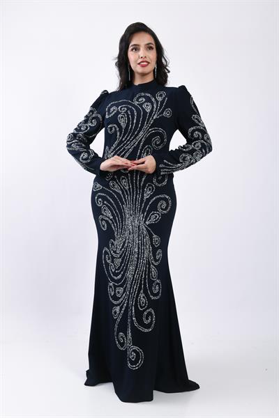 Balık Form Spiral Taşlı Uzun Abiye Lacivert OTW3149