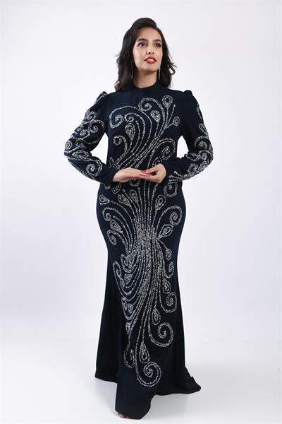 Balık Form Spiral Taşlı Uzun Abiye Lacivert OTW3149
