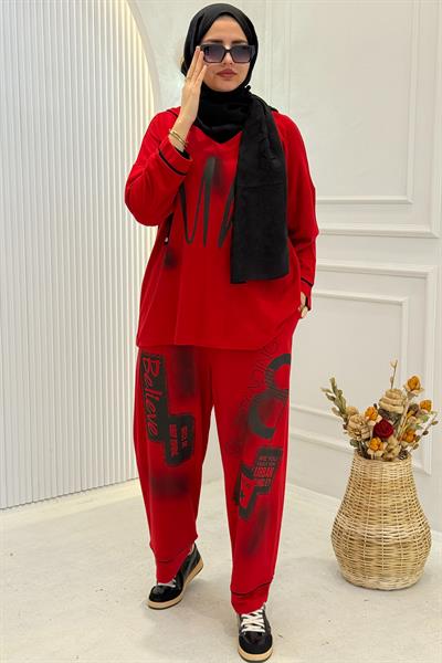 Baskılı Büyük Beden Spor Takımı Kırmızı OTW9800