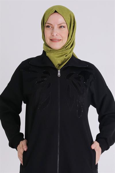 Behrem Aplike Detaylı Siyah Pantolonlu Büyük Beden Takım Siyah OTW35135