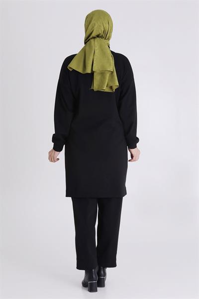 Behrem Aplike Detaylı Siyah Pantolonlu Büyük Beden Takım Siyah OTW35135