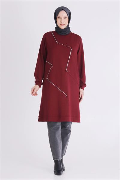Behrem Asimetrik Çizgi Detaylı Rahat Kesim Büyük Beden Tunik Vişne OTW2064