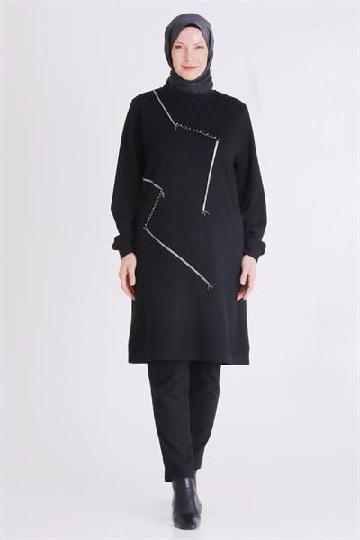 Behrem Asimetrik Çizgi Detaylı Rahat Kesim Büyük Beden Tunik Siyah OTW2064