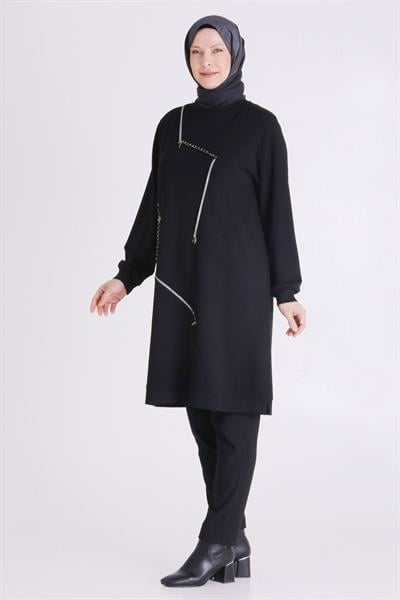 Behrem Asimetrik Çizgi Detaylı Rahat Kesim Büyük Beden Tunik Siyah OTW2064