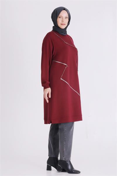 Behrem Asimetrik Çizgi Detaylı Rahat Kesim Büyük Beden Tunik Vişne OTW2064