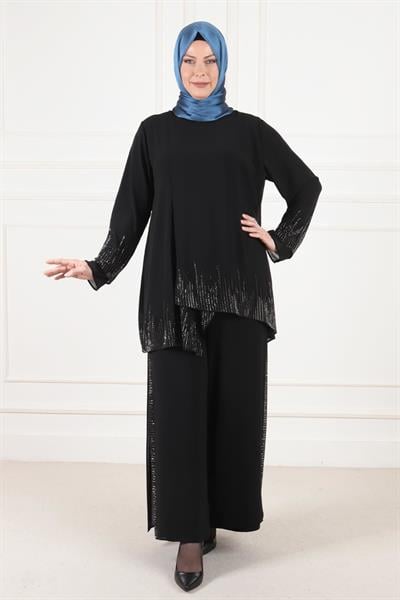 Behrem Büyük Beden Abiye Pantolonlu Takım Siyah OTW60015