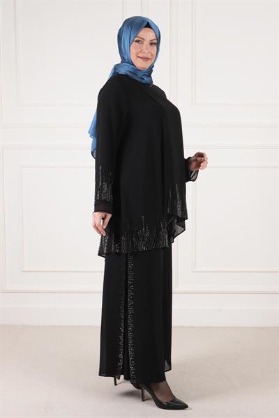 Behrem Büyük Beden Abiye Pantolonlu Takım Siyah OTW60015