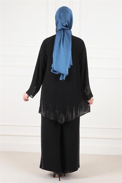 Behrem Büyük Beden Abiye Pantolonlu Takım Siyah OTW60015