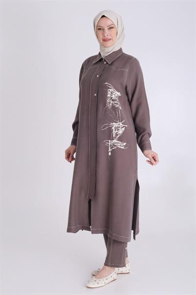 Behrem Büyük Beden Baskılı Pantolonlu Takım Kahve OTW35130