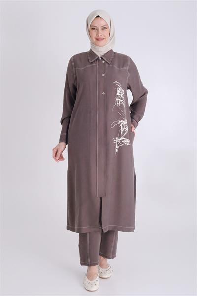 Behrem Büyük Beden Baskılı Pantolonlu Takım Kahve OTW35130