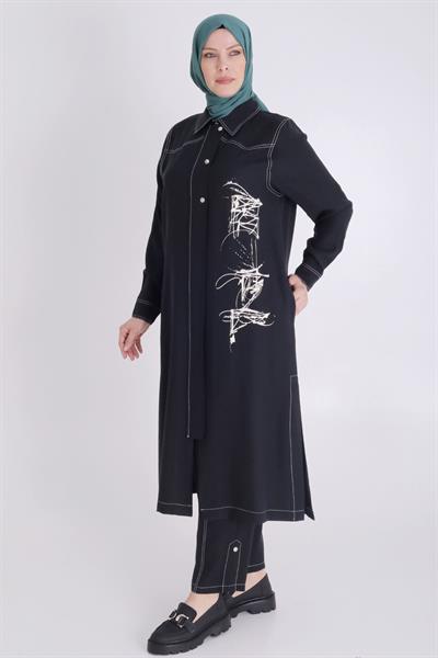 Behrem Büyük Beden Baskılı Pantolonlu Takım Siyah OTW35130