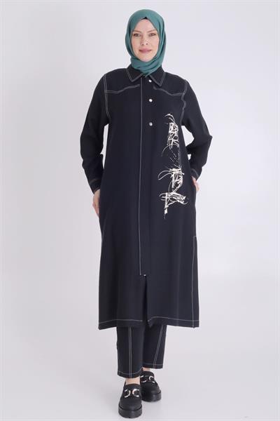 Behrem Büyük Beden Baskılı Pantolonlu Takım Siyah OTW35130